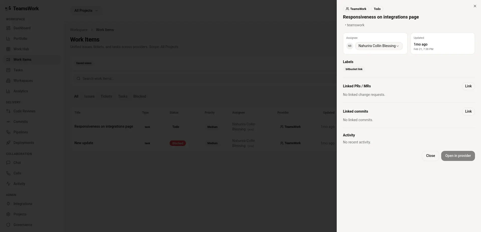 TeamsWork work items list with a detailed item panel open